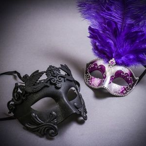 Black Roman Warrior Metallic & Silver purple feather women masquerade party mask